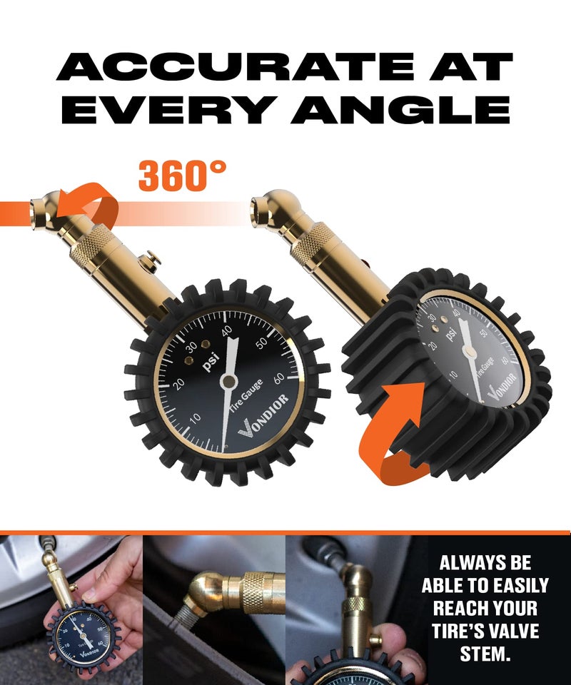 Vondior Tire Pressure Gauge - (0-60 PSI) Heavy Duty, Certified ANSI Accurate with Large 2 Inch Easy to Read Glow Dial, Low - High Air Pressure Gauge. Tire Gauge for Car and Trucks Tires by Vondior - Image 3